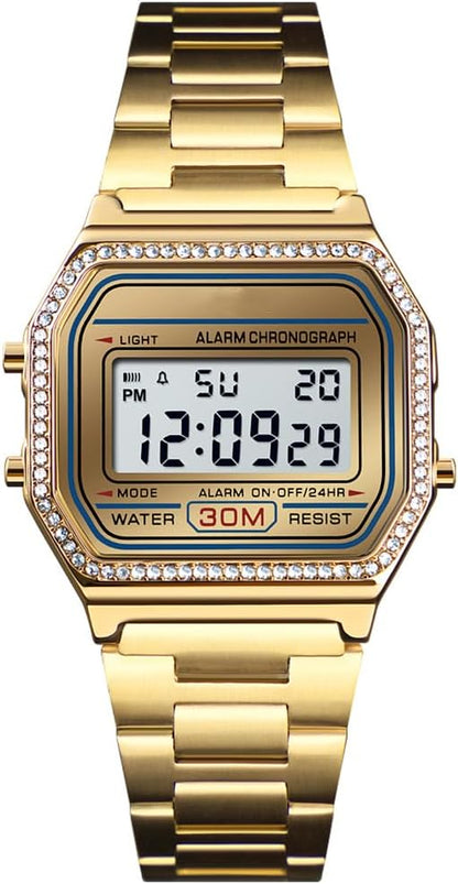 HOTPASOY Men's Digital Gold Stainless Steel Watch Backlit Multifunction Stopwatch Waterproof Sport Watches