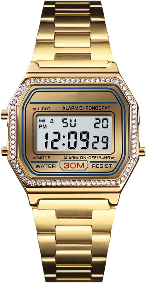 HOTPASOY Men's Digital Gold Stainless Steel Watch Backlit Multifunction Stopwatch Waterproof Sport Watches