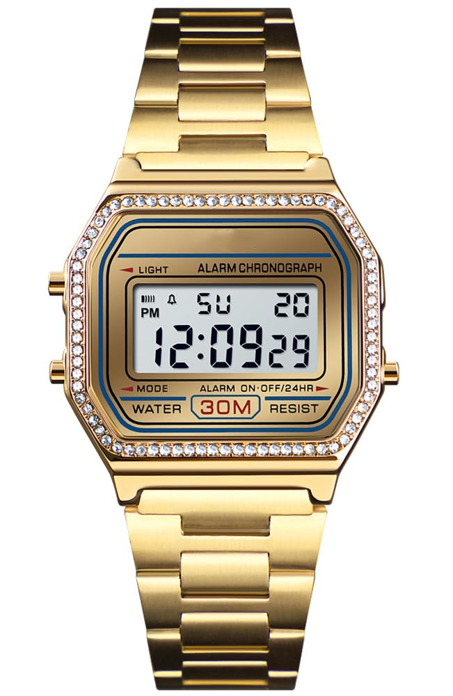 HOTPASOY Men's Digital Gold Stainless Steel Watch Backlit Multifunction Stopwatch Waterproof Sport Watches