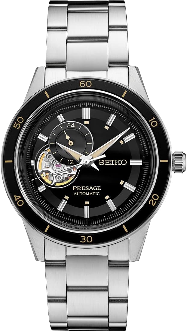 HOTSEIKO SSA425 Automatic Watch for Men - Presage Collection - Black Open-Aperture Dial with Vintage 1960s Watch Inspiration - 50M Water Resistant