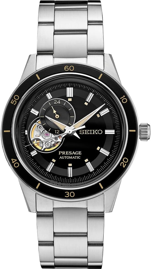 HOTSEIKO SSA425 Automatic Watch for Men - Presage Collection - Black Open-Aperture Dial with Vintage 1960s Watch Inspiration - 50M Water Resistant