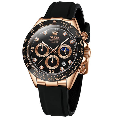 HOTOLEVS Men Analog Quartz Waterproof Watches Multifunction Chronograph Diamond Moon Phase Luminous Silicone Band Wrist Watches