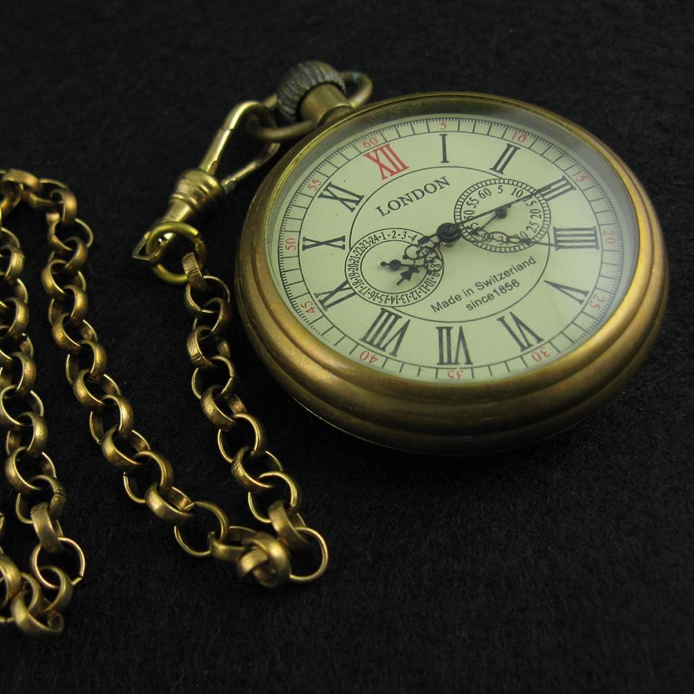 HOTVIGOROSO Men's Vintage Full Copper Hand-Wind Mechanical Second&24hours Sub-dials Pocket Watch in Box