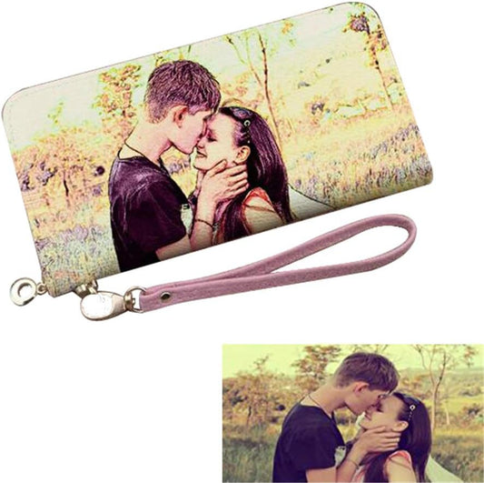 HOTPersonalized Crayon Style Photo Women's Wallet Custom Fashion Phone bags Leather Wallet Christmas gifts(Pink Double Side)