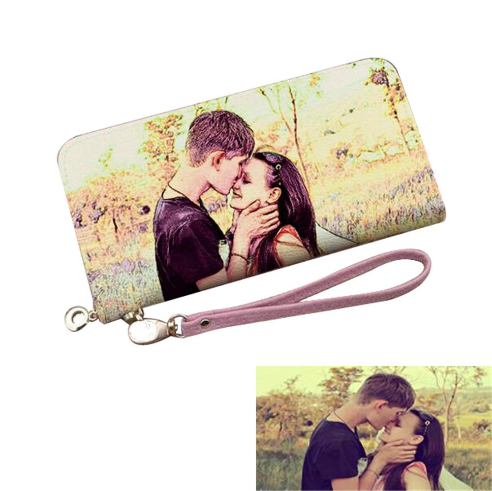 HOTPersonalized Crayon Style Photo Women's Wallet Custom Fashion Phone bags Leather Wallet Christmas gifts(Pink Double Side)