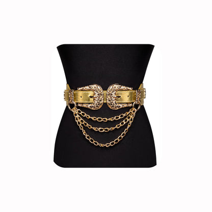 HOTDubulle Womens Belt Chain Leather Belts Vintage Western Adjustable Elastic Double Buckle for Cowboy Pant Dress