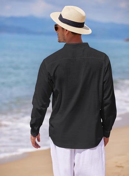 HOTCOOFANDY Men's Cotton Linen Henley T-Shirt Long Sleeve Hippie Casual Beach T-Shirts