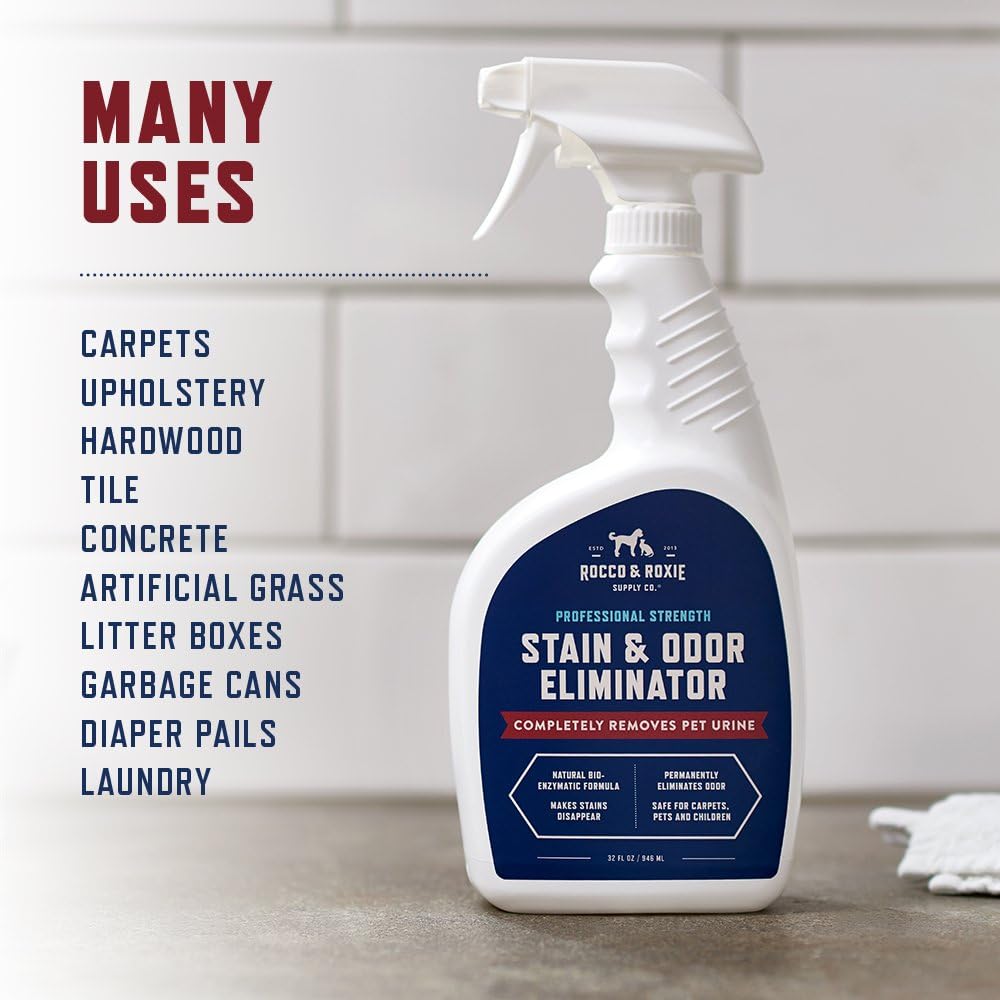 HOTRocco & Roxie Supply Co. Stain & Strong Odor Eliminator, Enzyme Cleaner, Pet Odor Eliminator for Home - Carpet Stain Remover for Cats & Dog Pee - Urine Destroyer - Carpet Cleaner Spray Clear, 32 Fl Oz