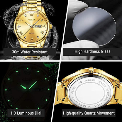 HOTOLEVS Men's Luxury Stainless Steel Watch, Big Face Gold Silver Two Tone Three Hand Analog Quartz Watch, Easy to Read Waterproof Luminous Day Date Wrist Watches for Men