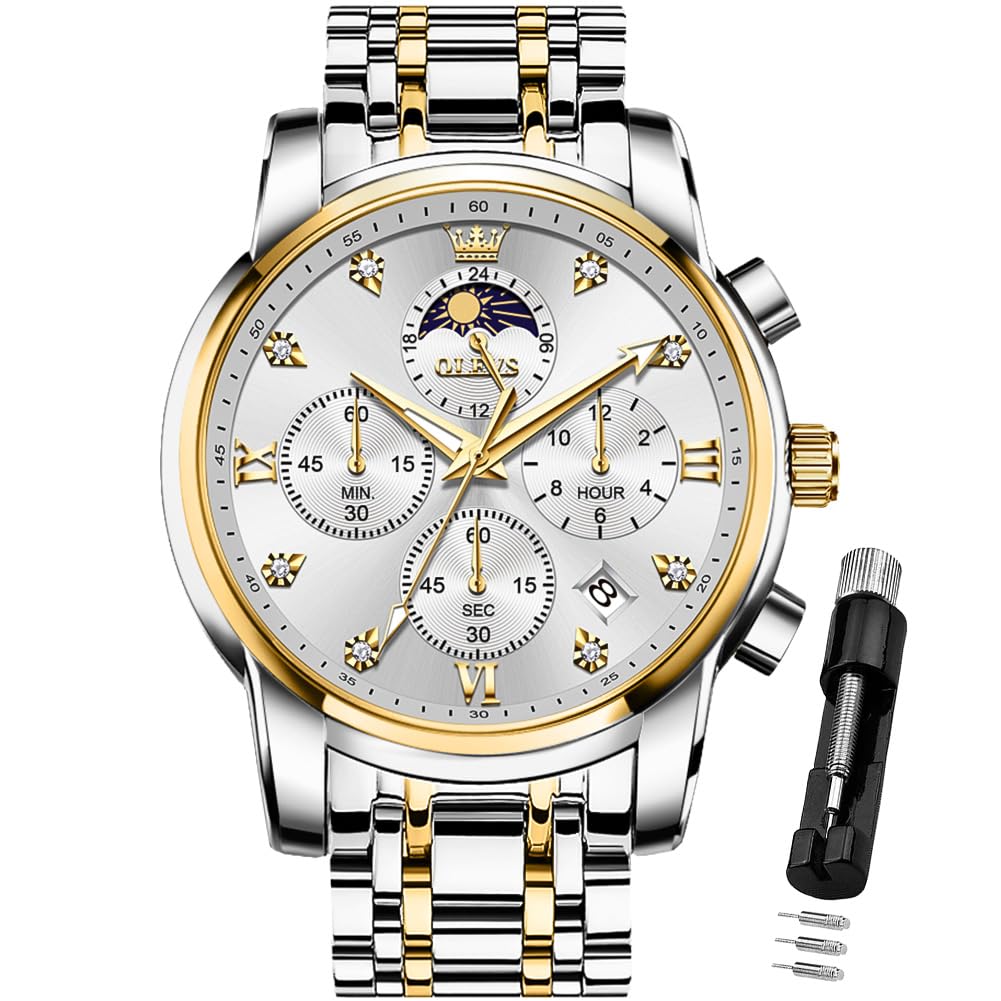 HOTOLEVS Watch for Men Diamond Business Dress Analog Quartz Stainless Steel Waterproof Luminous Date Two Tone Luxury Casual Wrist Watch Blue