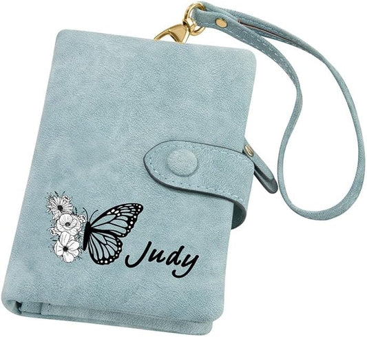 HOTcallie Personalized Tri-Fold Butterfly Birth Flower Leather Wallet with Coin Holder, Custom Christmas Birthday Gifts for Woman