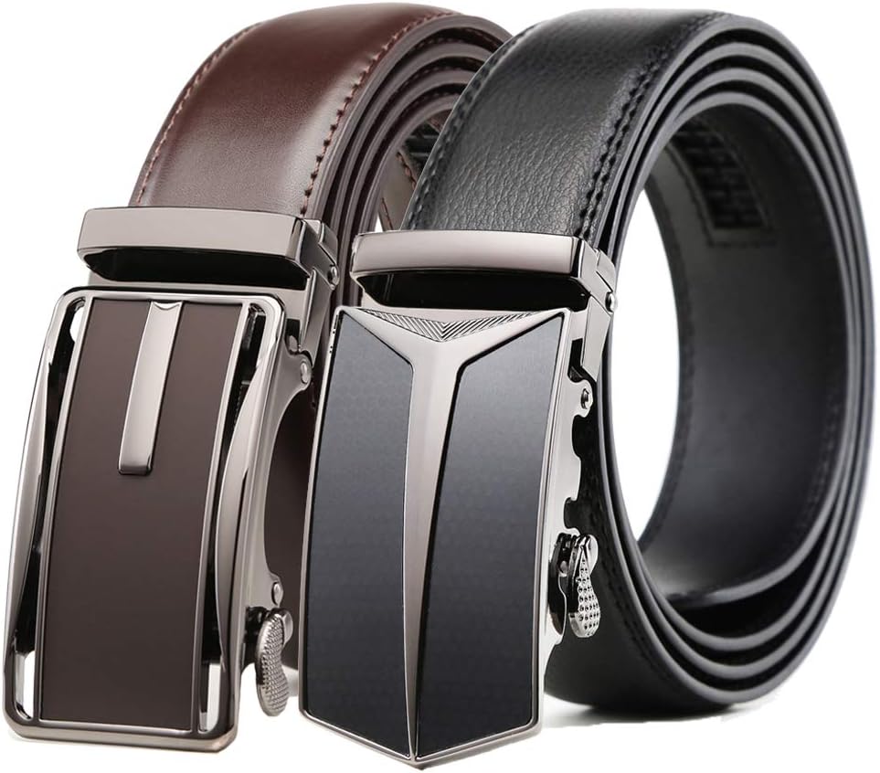 HOTFounders & C Mens Belt 2 Pack,Leather Ratchet Click Belt Dress with Slide Buckle 1 3/8" in Gift Set Box- Size Adjustable