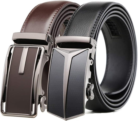 HOTFounders & C Mens Belt 2 Pack,Leather Ratchet Click Belt Dress with Slide Buckle 1 3/8" in Gift Set Box- Size Adjustable