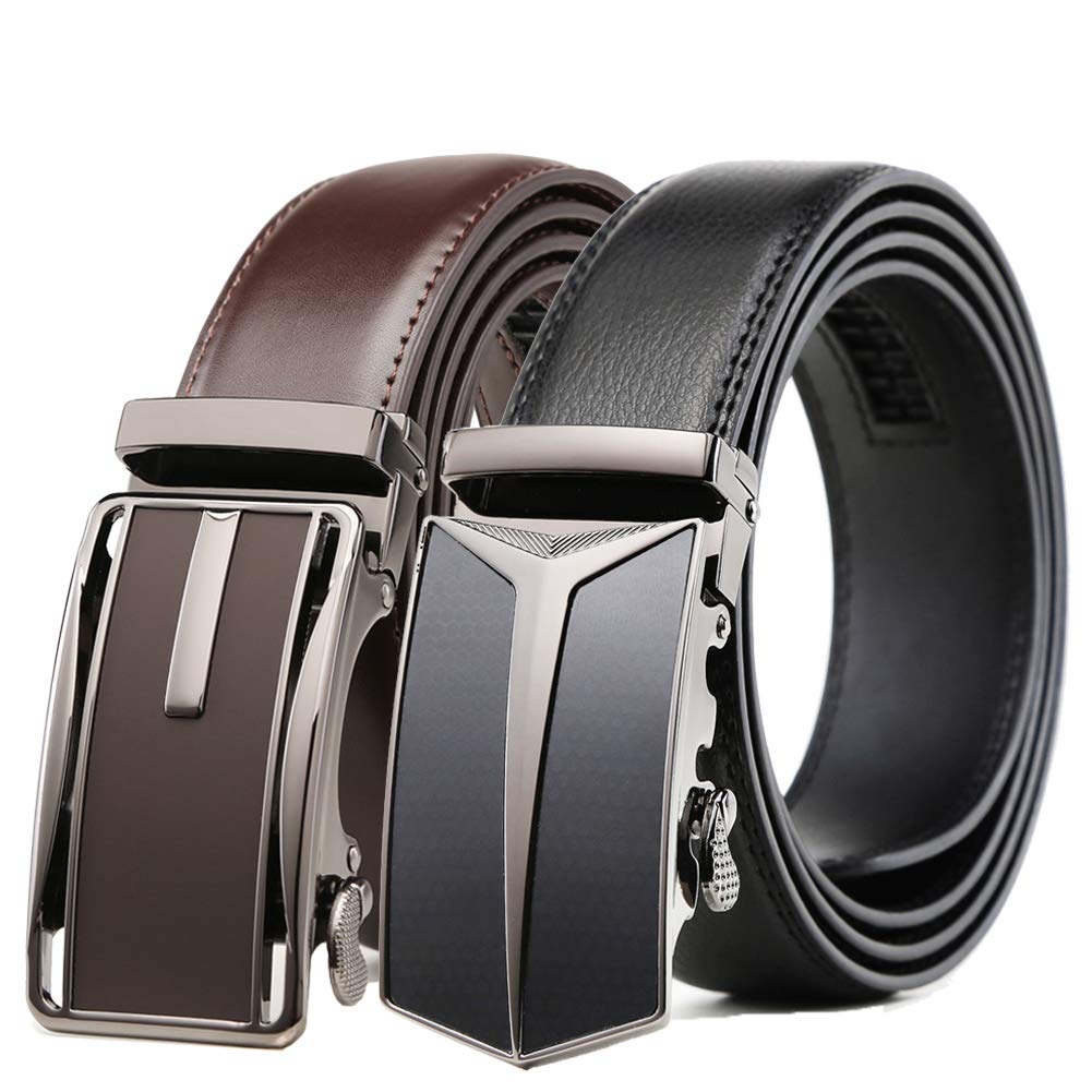 HOTFounders & C Mens Belt 2 Pack,Leather Ratchet Click Belt Dress with Slide Buckle 1 3/8" in Gift Set Box- Size Adjustable