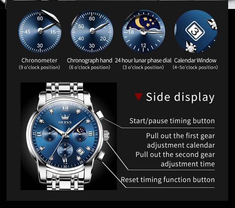 HOTOLEVS Watch for Men Diamond Business Dress Analog Quartz Stainless Steel Waterproof Luminous Date Two Tone Luxury Casual Wrist Watch Blue