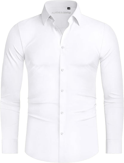 HOTAlimens & Gentle Stretch Mens Dress Shirts Slim Fit Long Sleeve Casual Skinny Muscle Fit Wrinkle Free Button Down Shirt