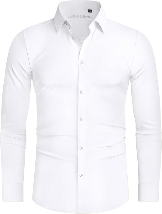 HOTAlimens & Gentle Stretch Mens Dress Shirts Slim Fit Long Sleeve Casual Skinny Muscle Fit Wrinkle Free Button Down Shirt