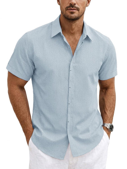 HOTMens Linen Shirts Short Sleeve Casual Shirt Button Down Summer Beach Vacation Tops Men Casual Dress Shirts Breathable