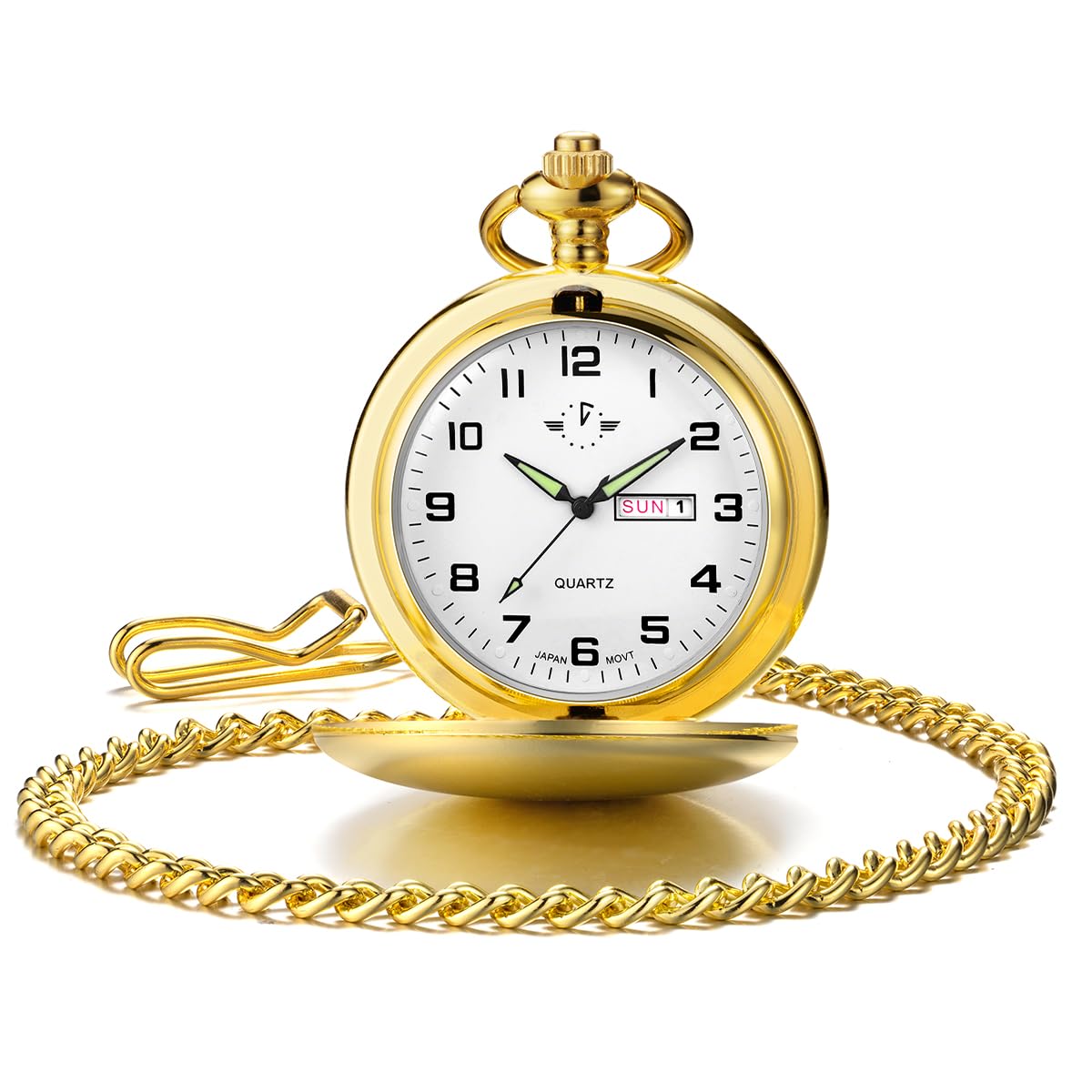 HOTBOSHIYA Smooth Quartz Pocket Watches for Men Classic Arabic Digital Luminous Dial & Day Date Pocket Watch with Chain Christmas Graduation Birthday Gifts