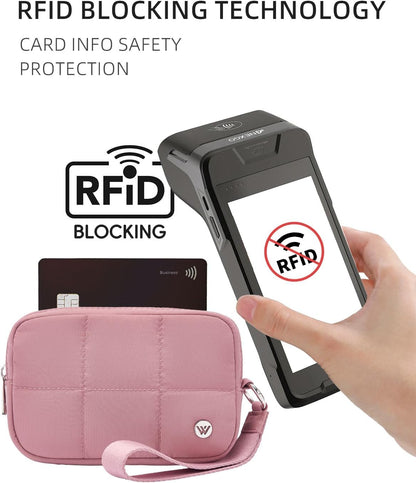 HOTWESTBRONCO Puffer Wristlet Wallet for Women – RFID Blocking Quilted Nylon Phone Wallet, Zipper Card Holder & Makeup Pouch