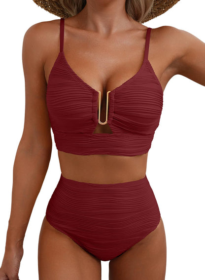 HOTHerseas 2 Piece Bikini Set U-Wire Cutout Popular Swimsuit High Waisted Textured 2026 Summer Beach Swim Bathing Suits