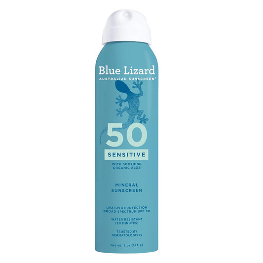 HOTBlue Lizard Sensitive Mineral SPF 50 Spray, Dermatologist-Recommended Brand, Broad-Spectrum UVA/UVB Protection, Water-Resistant, Zinc Oxide Formula, 5 oz
