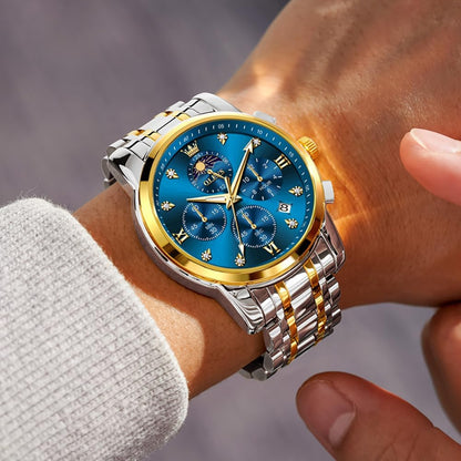 HOTOLEVS Watch for Men Diamond Business Dress Analog Quartz Stainless Steel Waterproof Luminous Date Two Tone Luxury Casual Wrist Watch Blue