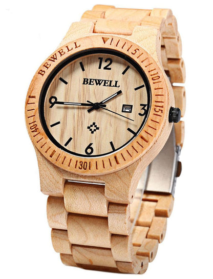 HOTBEWELL ZS-W086B Wooden Watch Men Gifts Handmade Date Display Quartz Movement Analog Lightweight Wood Wrist Watches