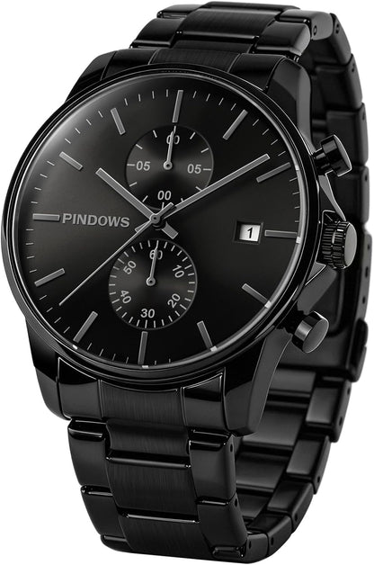 HOTPINDOWS Men's Black Minimalist Watch Stainless Steel Chronograph, Date | 3ATM water resistant; Adjustable metal bracelet with sizing tool; Perfect for business & casual wear; Clear calendar
