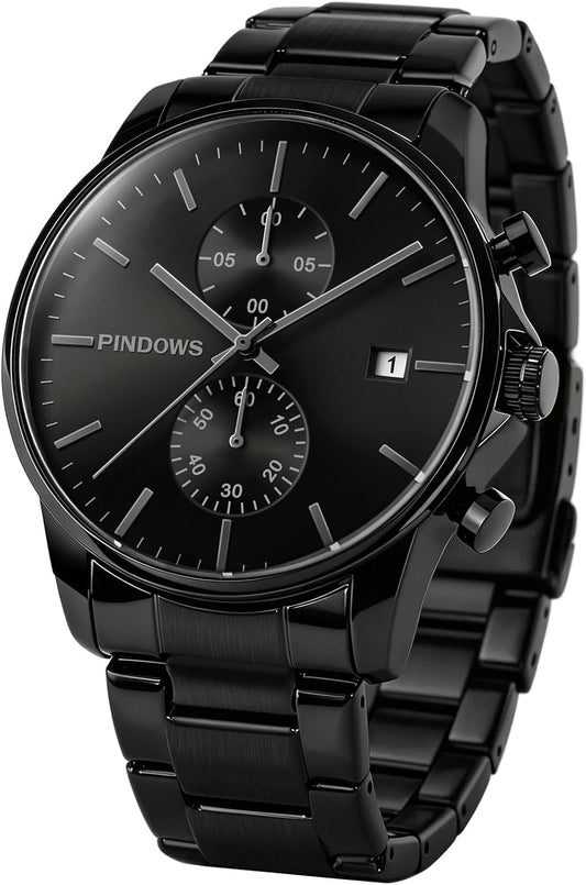 HOTPINDOWS Men's Black Minimalist Watch Stainless Steel Chronograph, Date | 3ATM water resistant; Adjustable metal bracelet with sizing tool; Perfect for business & casual wear; Clear calendar