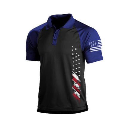 HOTMen's Polo Shirt Short Sleeve Quick Dry American Flag Print Graphic Split Color Golf Shirt for Sport