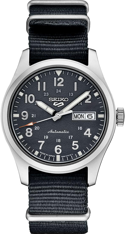 HOTSEIKO SRPG31 Watch for Men - 5 Sports - Automatic with Manual Winding Movement, Blue-Gray Dial, Stainless Steel Case, Blue-Gray Nylon Strap, 100m Water Resistant, and Day/Date Display