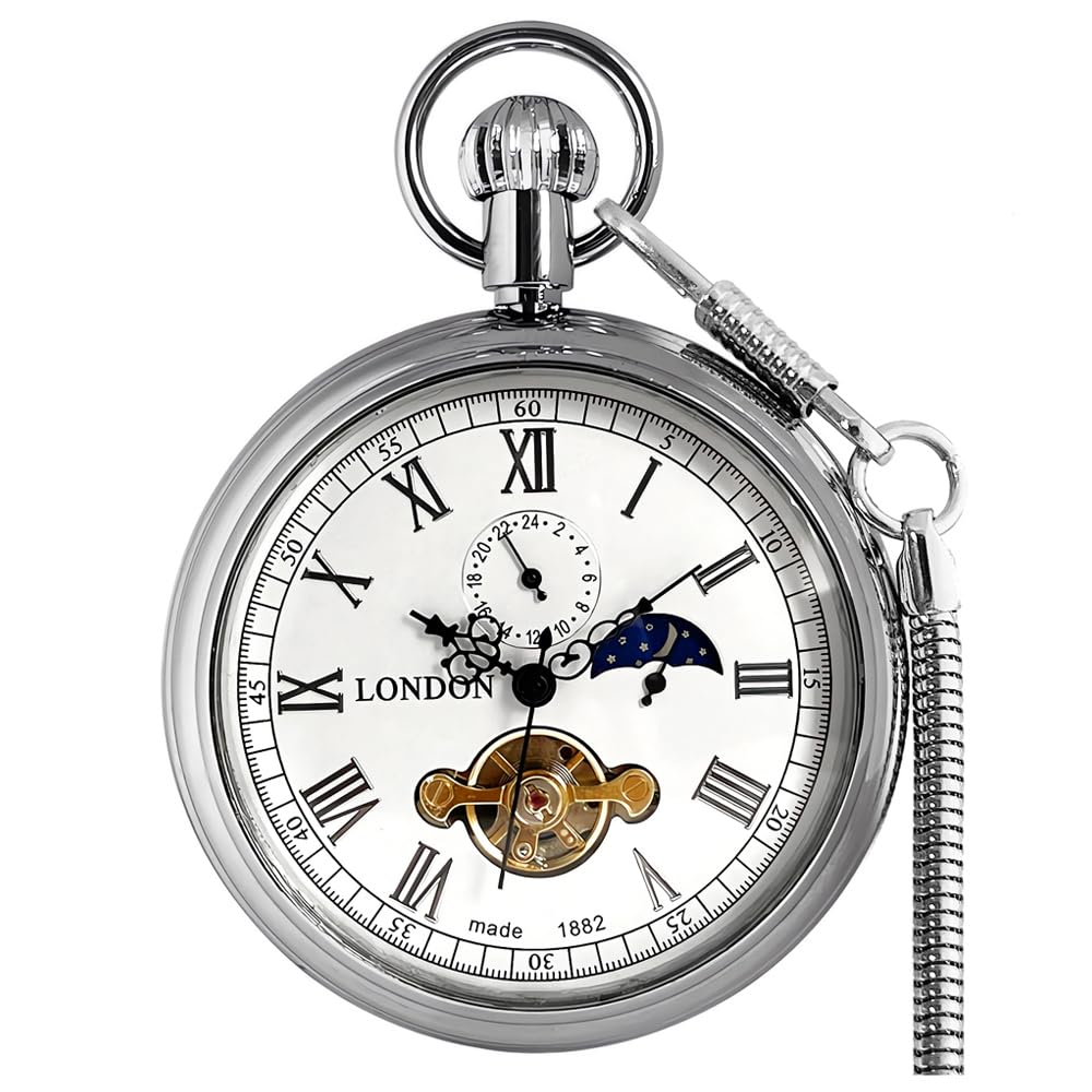 HOTVIGOROSO Men's Vintage Full Copper Hand-Wind Mechanical Second&24hours Sub-dials Pocket Watch in Box