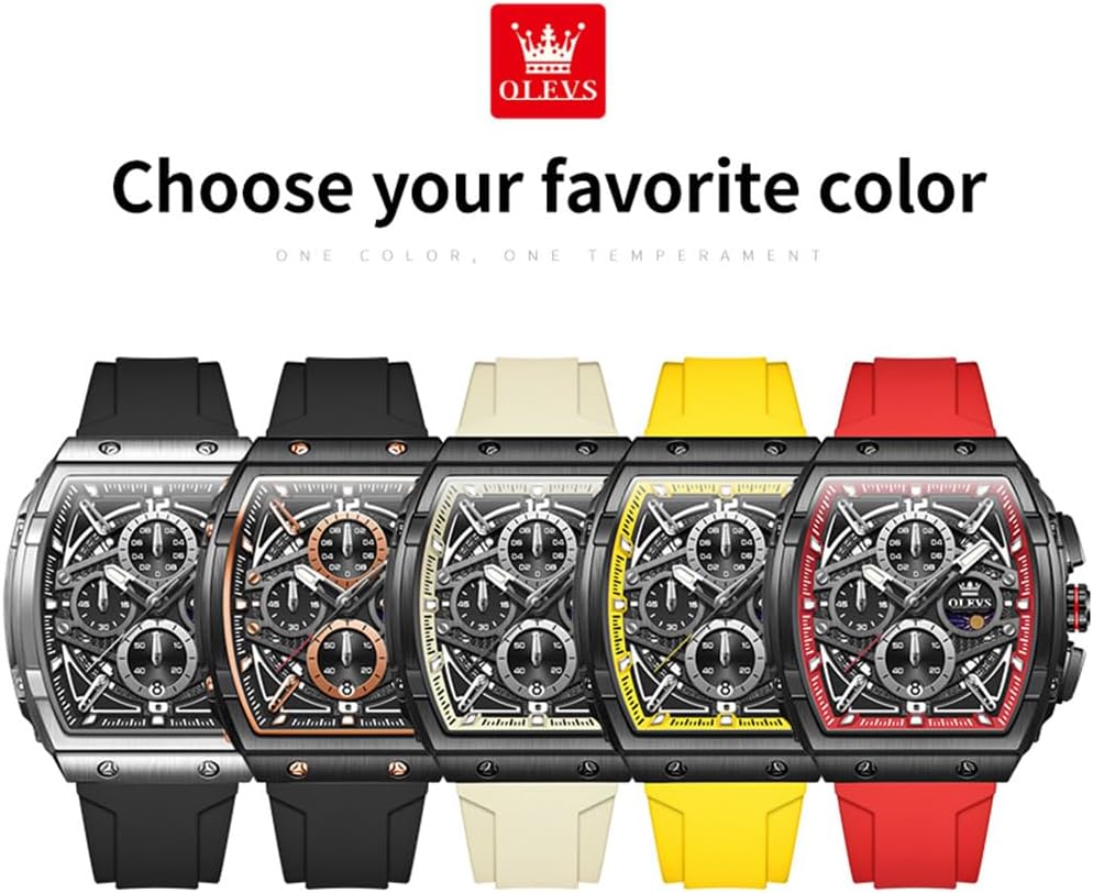 HOTOLEVS Men Watches Business Dress Chronograph Big Square Quartz Analog Male Watch Silicone Strap Waterproof Date Gift Mens Wrsit Watch Silver