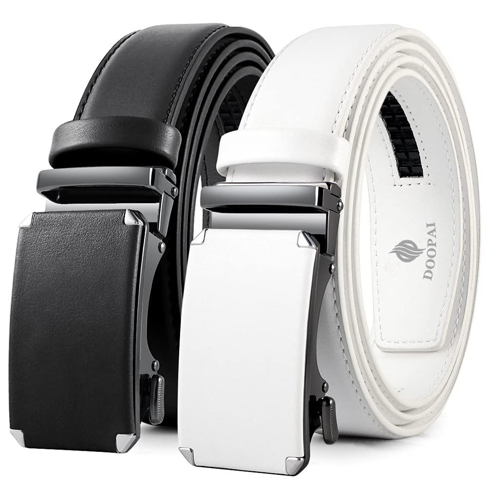 HOTDOOPAI Men's 2 Pack Ratchet Dress Belt - Adjustable 1 3/8" Genuine Leather, Size Length Can Be Cut, With Gift Box
