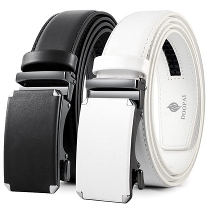 HOTDOOPAI Men's 2 Pack Ratchet Dress Belt - Adjustable 1 3/8" Genuine Leather, Size Length Can Be Cut, With Gift Box