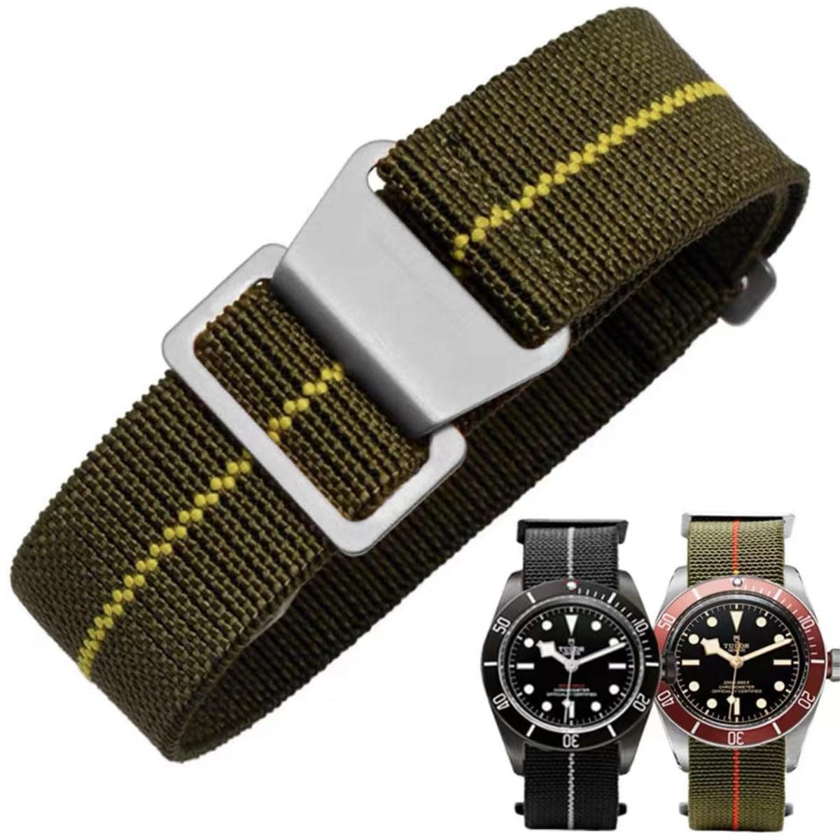 HOTFrench Troops Paratrooper Watchband,Military Elastic Nylon Watch Strap with Hook-and-Loop for Men Women Silver & Black Buckle 18/20/22mm