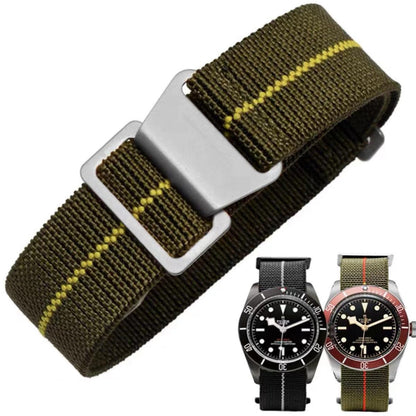 HOTFrench Troops Paratrooper Watchband,Military Elastic Nylon Watch Strap with Hook-and-Loop for Men Women Silver & Black Buckle 18/20/22mm