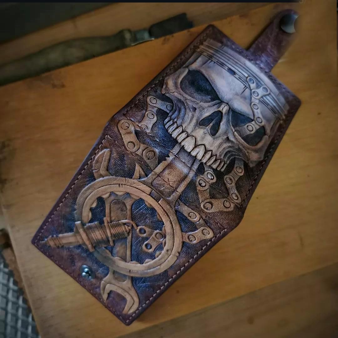 HOTMen's 3D Genuine Leather Wallet, Hand-Carved, Hand-Painted, Leather Carving, Custom wallet, Personalized wallet, Skull, Gear Head Design, Wrench, Spanner, Skeleton, Bone, Biker, Spark Plug