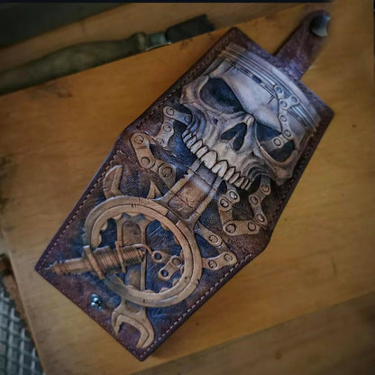 HOTMen's 3D Genuine Leather Wallet, Hand-Carved, Hand-Painted, Leather Carving, Custom wallet, Personalized wallet, Skull, Gear Head Design, Wrench, Spanner, Skeleton, Bone, Biker, Spark Plug