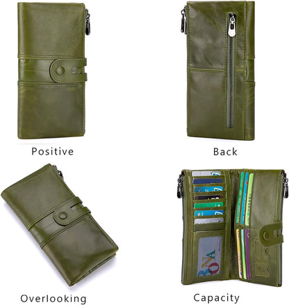 HOTmyfriday Ladies RFID Genuine Leather Wallet, Bifold Long Clutch Card Holder | 12 card slots, photo slot, bill pockets, memory-card slot and back zipper keep cash and cards slimly organized