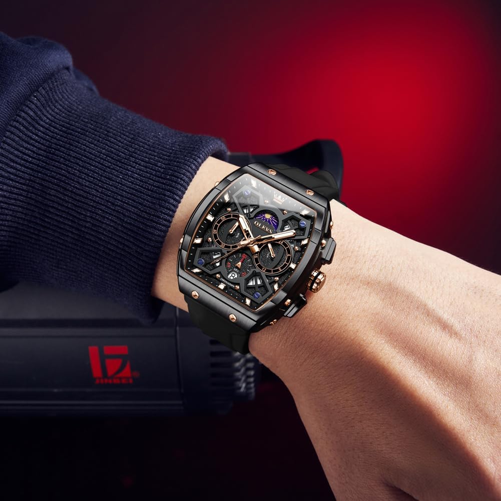 HOTOLEVS Tonneau Square Mens Watches, Fashion Large Face Silicone Band Watches for Men, Multifunctional Chronograph Quartz Men Waterproof Watch