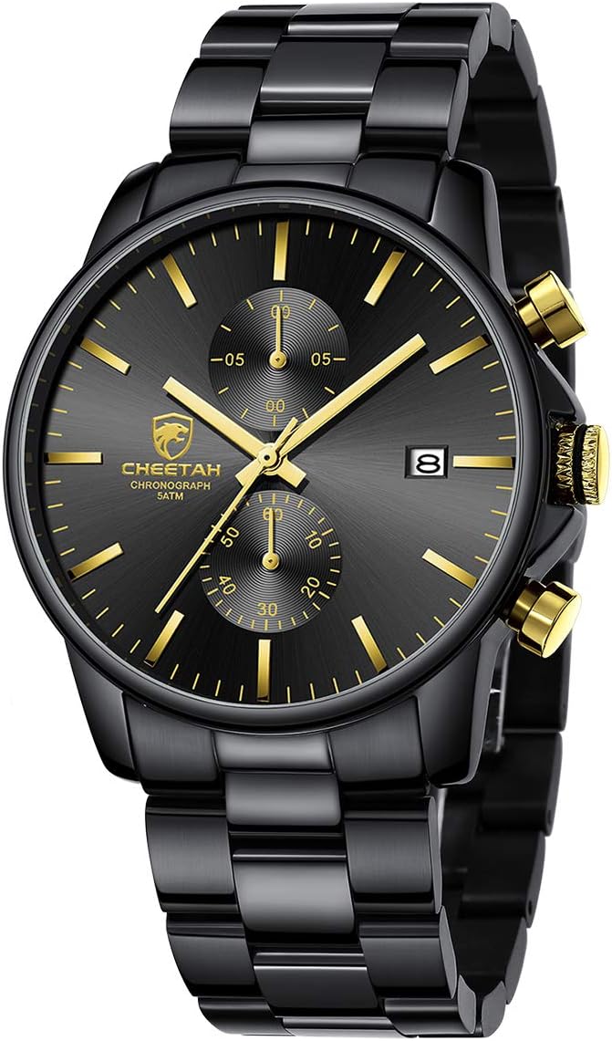 HOTGOLDEN HOUR Fashion Business Mens Watches with Stainless Steel Waterproof Chronograph Quartz Watch for Men, Auto Date