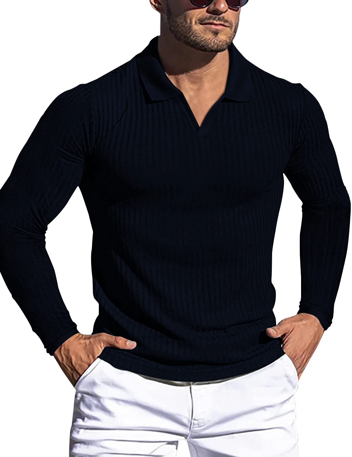 HOTMen's Muscle V Neck Polo Shirts Slim Fit Short Long Sleeve Cotton Golf T-Shirts Ribbed Knit Soft Tees