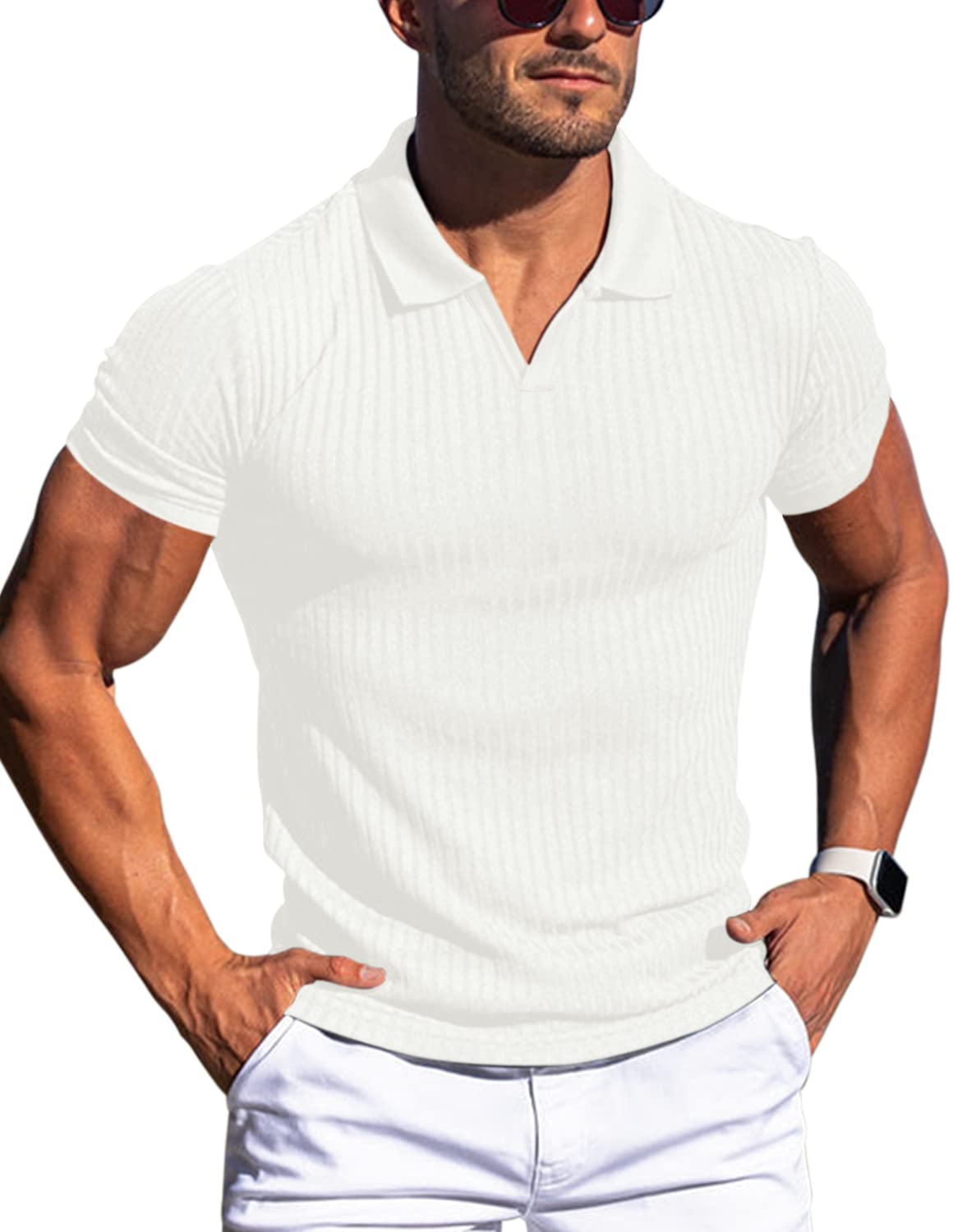 HOTMen's Muscle V Neck Polo Shirts Slim Fit Short Long Sleeve Cotton Golf T-Shirts Ribbed Knit Soft Tees