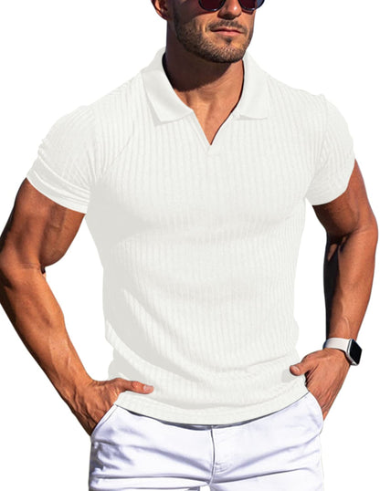 HOTMen's Muscle V Neck Polo Shirts Slim Fit Short Long Sleeve Cotton Golf T-Shirts Ribbed Knit Soft Tees