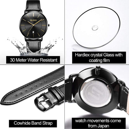 HOTOLEVS Men Leather Watches Black Ultra Thin 6.5mm Minimalist Dress Fashion Simple Casual Waterproof Date Watch for Men