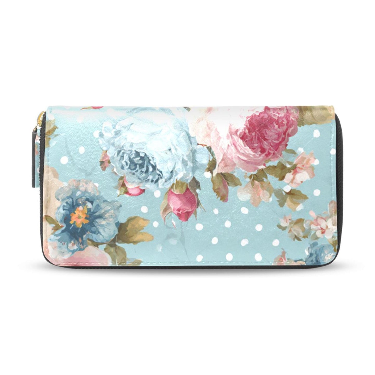 HOTWomens Long Leather Wallet Zip Around Clutch Purse Large Capacity Card Holder Organizer Pink Grid Roses
