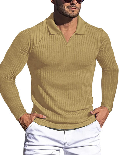 HOTMen's Muscle V Neck Polo Shirts Slim Fit Short Long Sleeve Cotton Golf T-Shirts Ribbed Knit Soft Tees