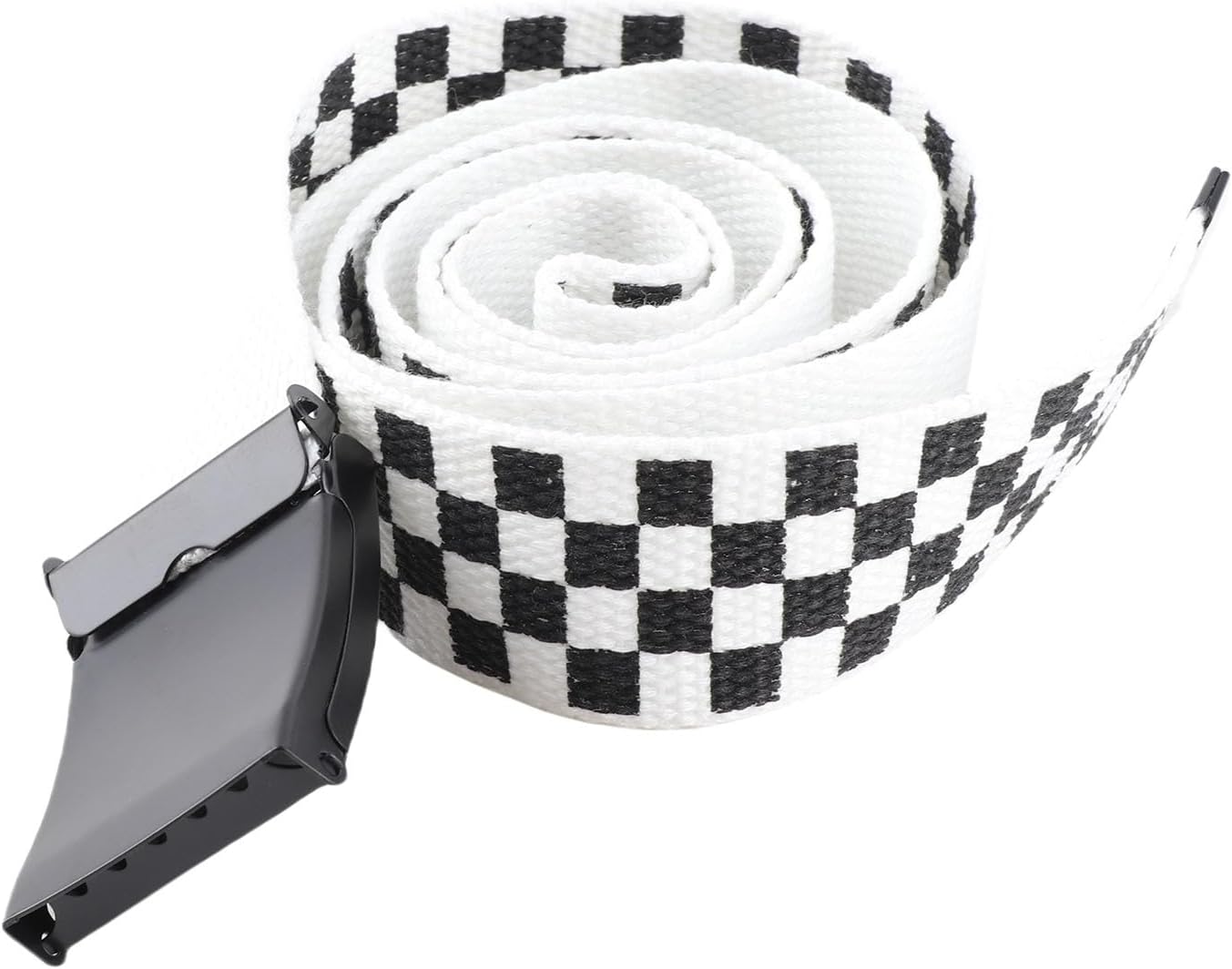 HOTClassic Checkered Canvas Belt, 43" Adjustable Length, Black and White Grid Strap with Military Style Metal Buckle, Cut to Size Punk Rock Flip Top Casual Belt for Daily Fashion Outfit Decoration